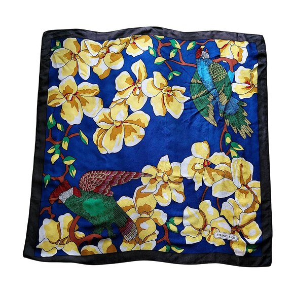 Large Square Tiffany and Company Scarf with Floral Pattern and Birds - Picture 1 of 5